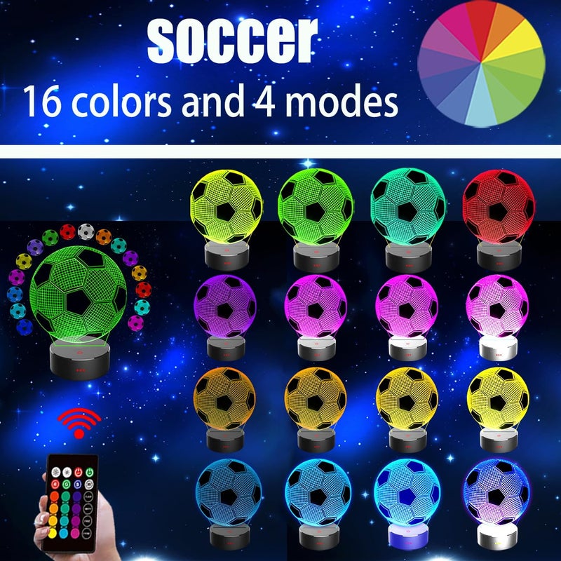 OceanWings Soccer Gifts 3D Night Light for Boys 8-12, Christmas Stocking Stuffers for Teens Girls Optical Illusion Lamp Nightlight with Remote Control 16 Color Touch Bedroom Valentines Day Decor - Image 2